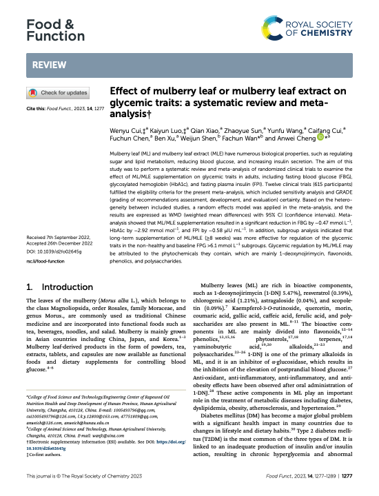 Study: Systematic review and meta-analysis of randomized clinical trials, on the effect of Mulberry leaf or Mulberry leaf extract on glycemic traits in adults, 615 participants.Meta-analysis showed a significant reduction in fasting blood glucose by −8.5 mg/dL, HbA1c by −2.92 mmol/mol, and fasting insulin by −0.58 μIU/mL. 