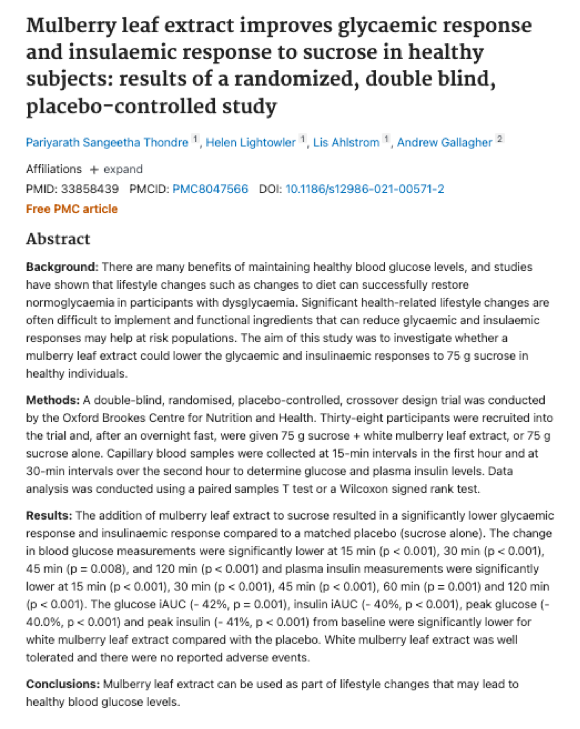 Study: Randomized double-blind placebo-controlled study on the effect of Mulberry leaf extract on glucose and insulin responses in healthy subjects, 38 participants.Glucose iAUC (- 42%), insulin iAUC (- 40%), peak glucose (p < 0.001) and peak insulin (- 41%) from baseline were significantly lower (all p =< 0.001) compared with placebo.