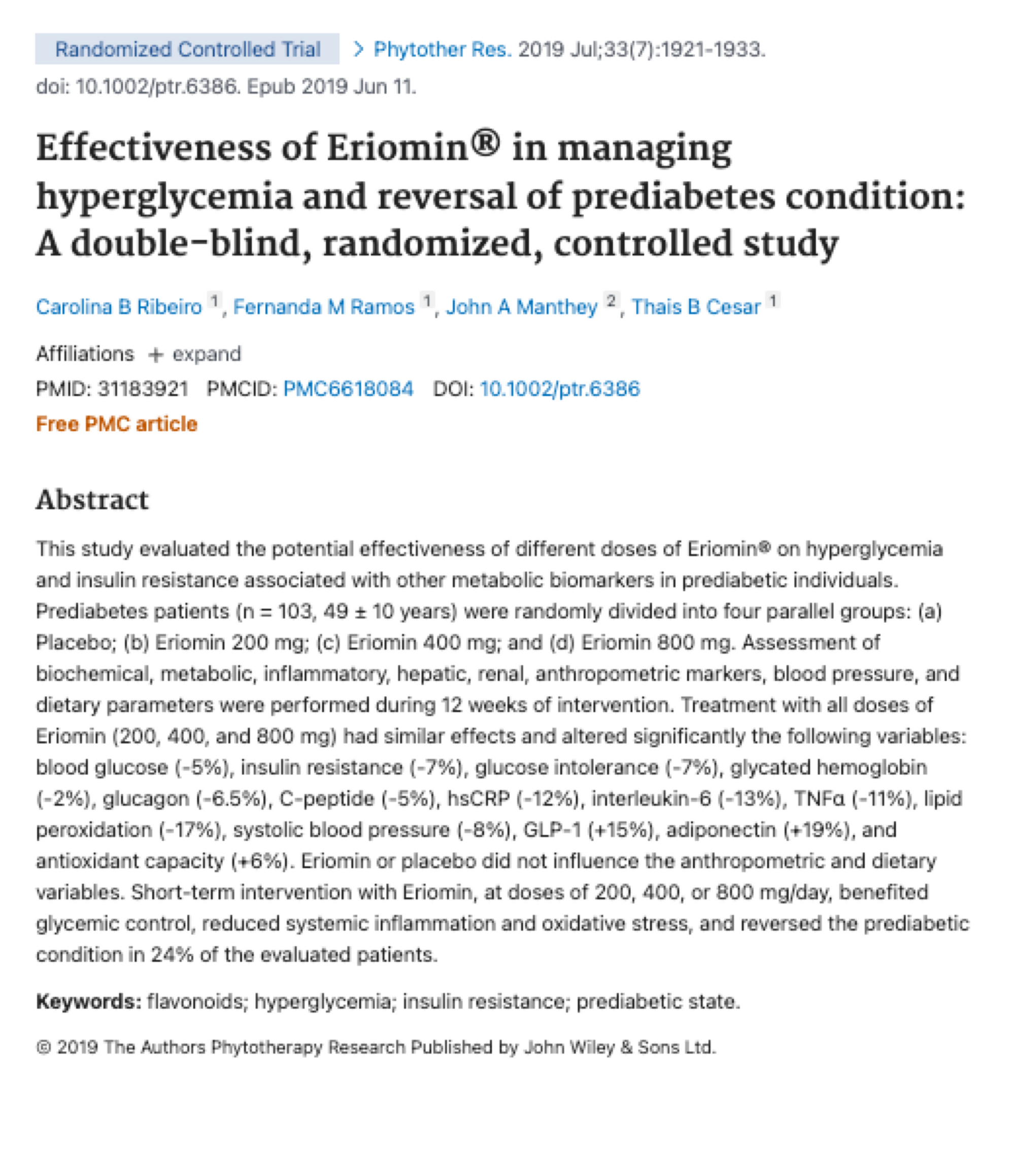 Study: Double-blind, randomized, placebo controlled study on the effectiveness of Eriomin® in managing hyperglycemia and reversing prediabetes, 103 participants.Reduction of blood glucose (-5%), insulin resistance (-7%), glucose intolerance (-7%), [...] increase of GLP-1 (+15%), [...] and antioxidant capacity (+6%).